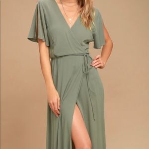 Lulus Much Obliged Washed Olive Green Wrap Maxi Dress in size Small